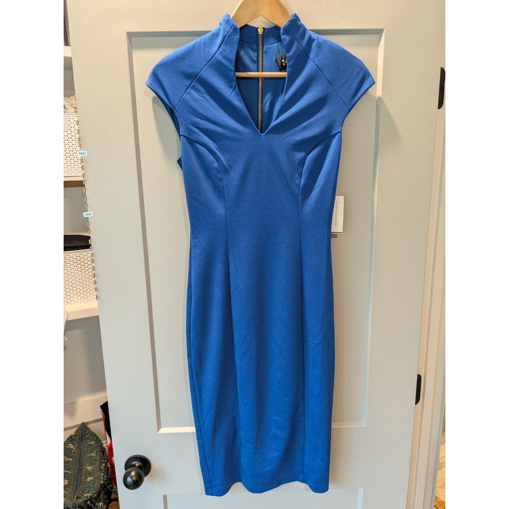 Alexa Admor XS Blue Sheath‎ Dress Cap Sleeve Mock Neck Career Cocktail